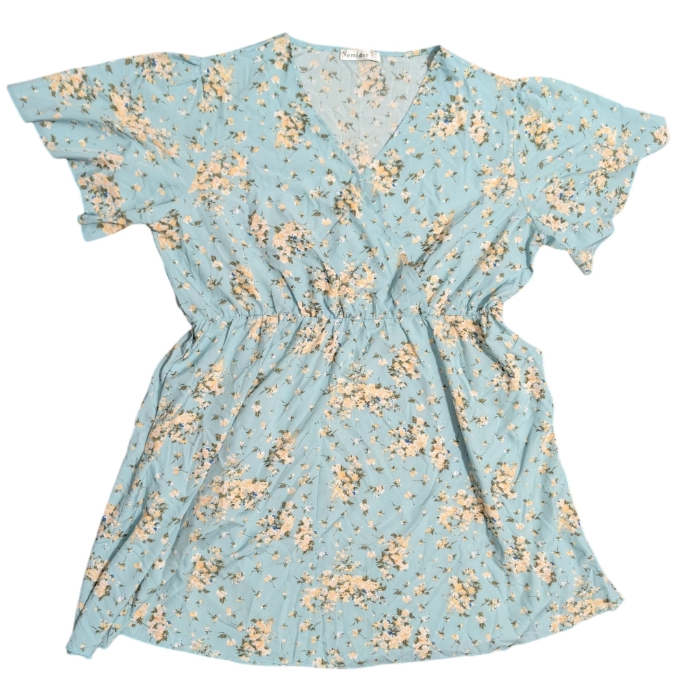 Nemidor Floral Faux-Wrap Midi Soft Blue & Cream Size 24 Cottagecore
